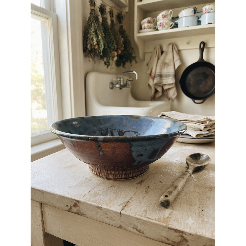 Studio Art Pottery Veen Bowl Large Blue Glazed Textured Handthrown Studio Art